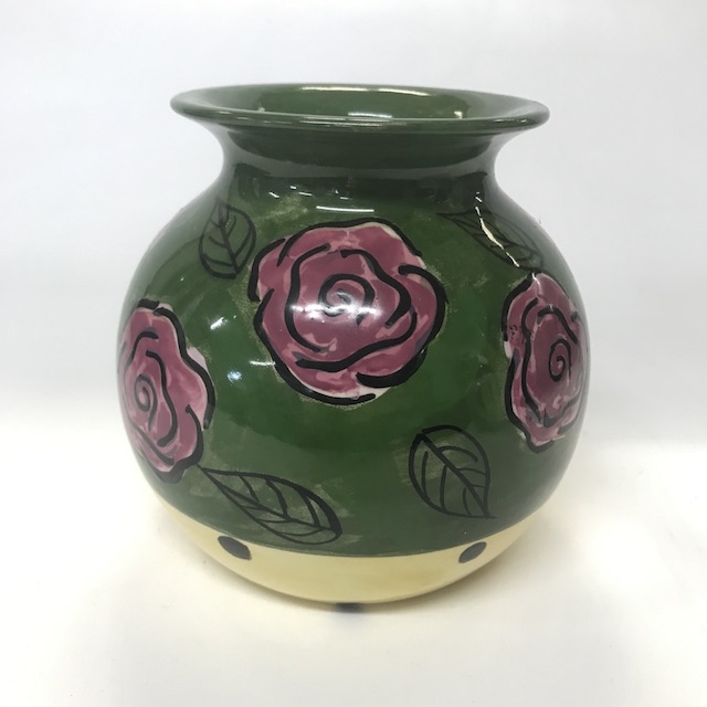 VASE, Hand Painted - Green Yellow Floral w Roses